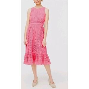 J. Crew Eyelet Ruffle Sleeve Tiered Midi Dress Pink Size 14 NWOT‎